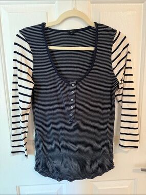 JCrew Striped Navy and White Long Sleeve Henley Top
